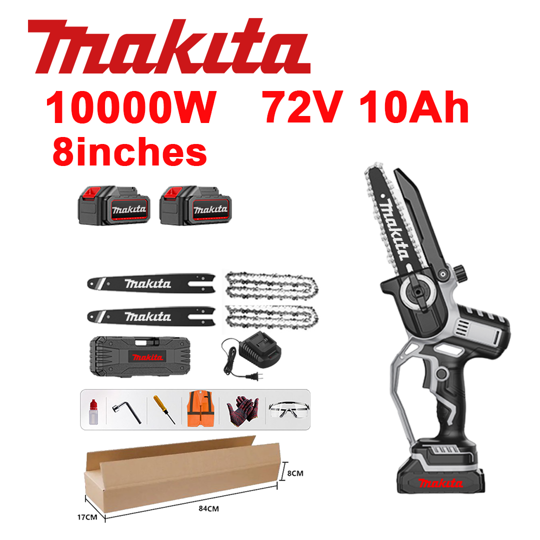 10 colių bešepetėlis ličio jonų pjūklas, 10 000 W galia, 72 V 10,0 Ah baterija*2, įkroviklis, kreipiamoji juosta*2, grandinė*2, įrankių dėžė, tepimo alyva ir apsauginiai akiniai, penkerių metų garantija