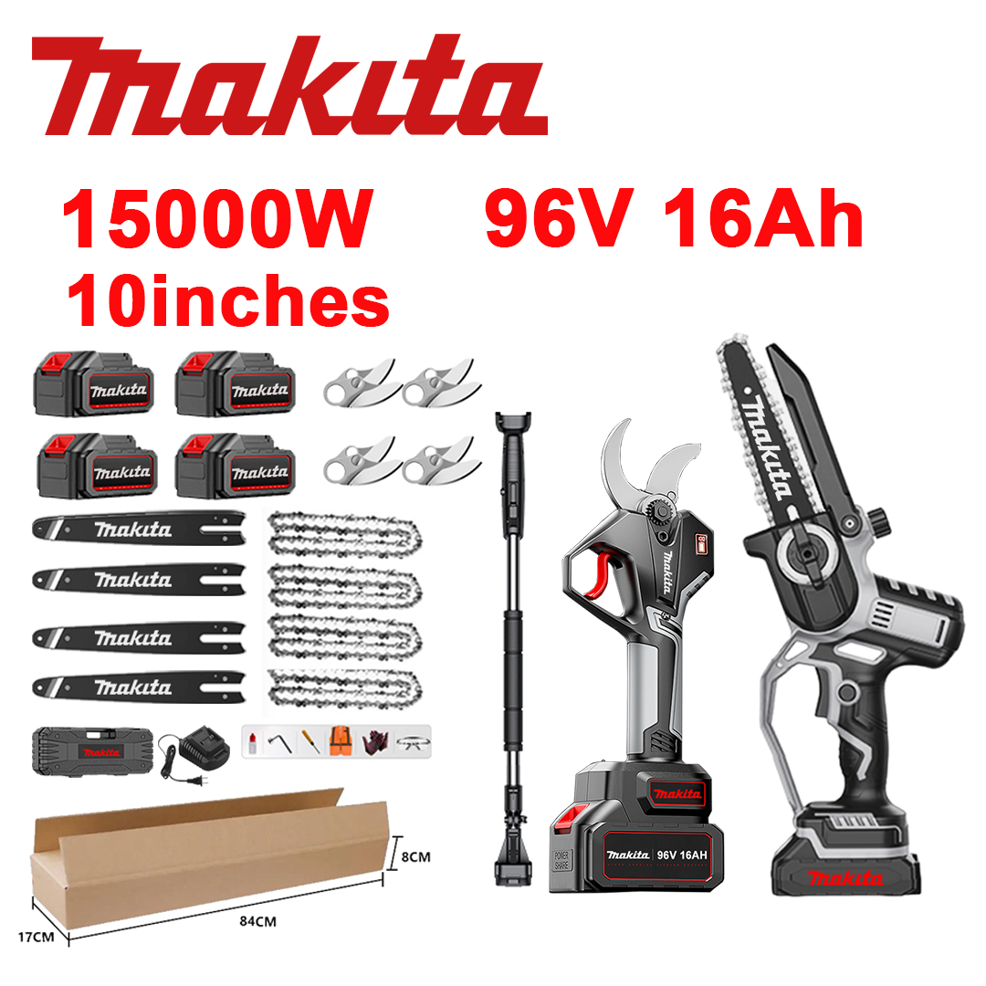 LED įtampos indikatorius (baterijos veikimo laikas: 36 val.). 10 colių 15 000 W ličio jonų pjūklas + genėjimo žirklės + 96 V 16,0 Ah baterija*4 + įkroviklis + kreipiamosios *4 + grandinės *4 + SK9 lydinio peiliai *4 + teleskopinis stulpas *1 (ištraukiamas nuo 150 cm iki 450 cm) + 1 apsauginis įrankis.